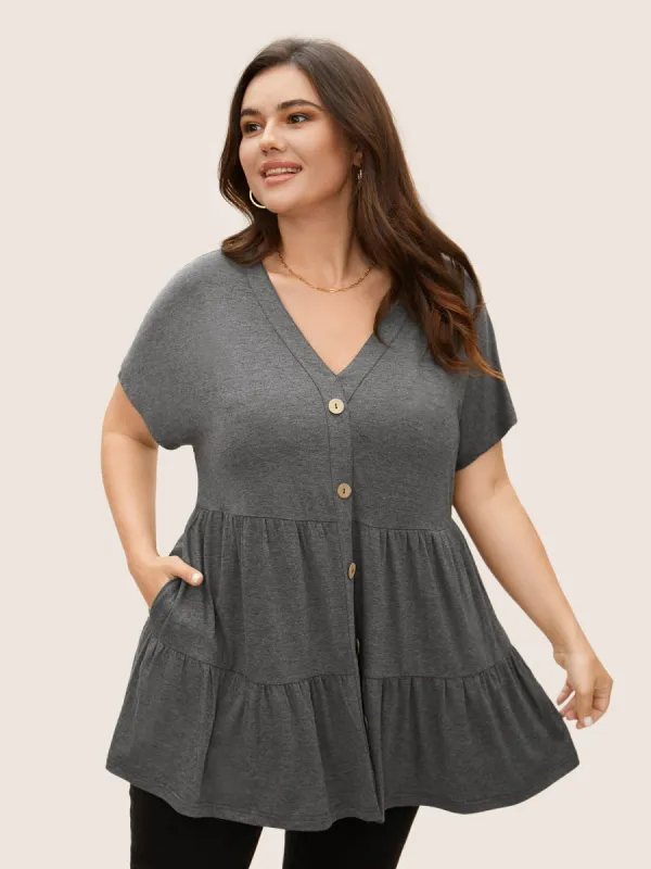 V Neck Button Detail Ruffle Layered Hem T-shirt sold by Bloomchic
