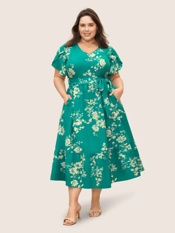 V Neck Floral Petal Sleeve Belted Dress sold by Bloomchic