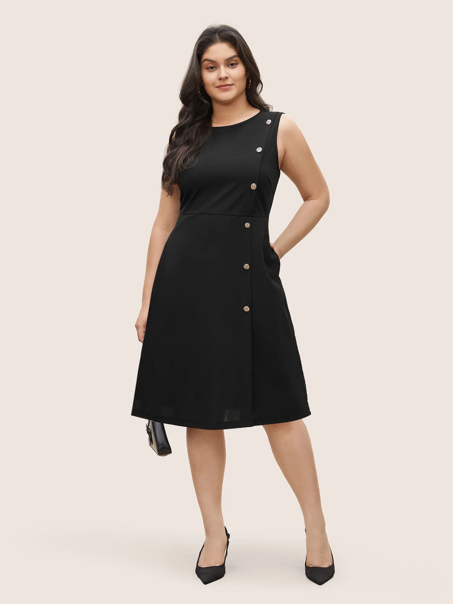 Plain Sleeveless Button Detail Pocket Dress sold by Bloomchic