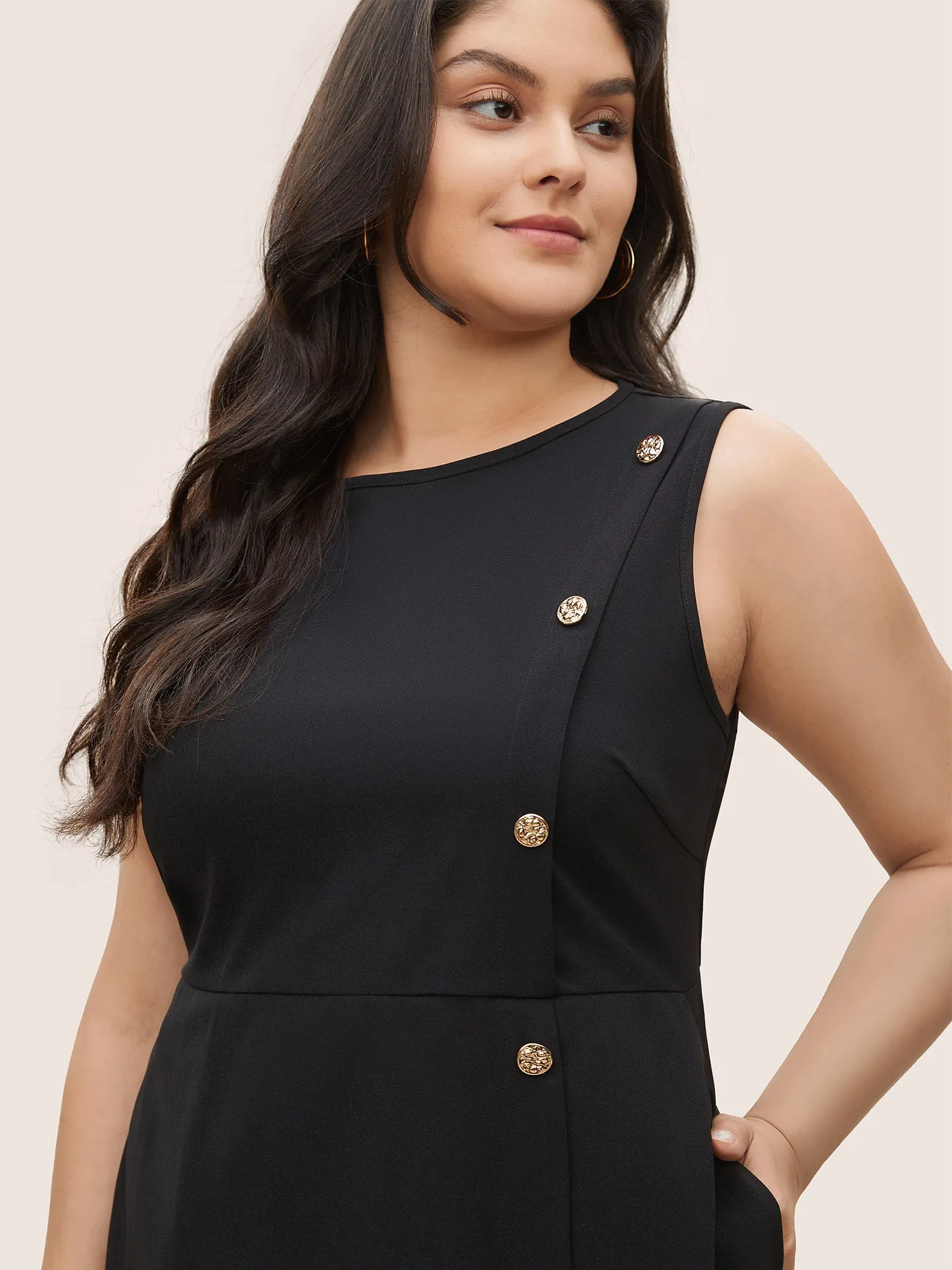 Plain Sleeveless Button Detail Pocket Dress sold by Bloomchic product image thumbnail 4