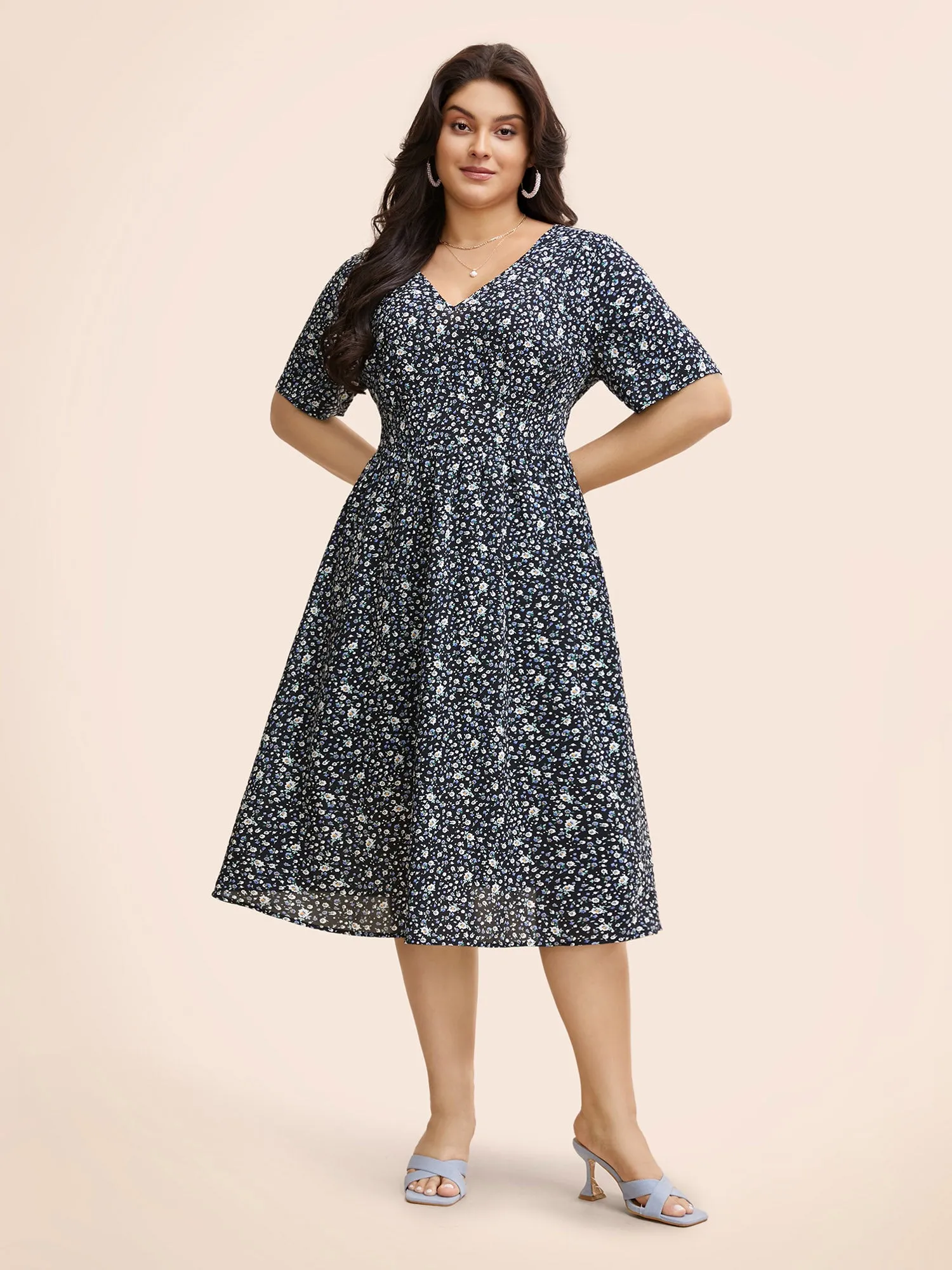 V Neck Ditsy Floral Shirred Midi Dress sold by Bloomchic product image thumbnail 2