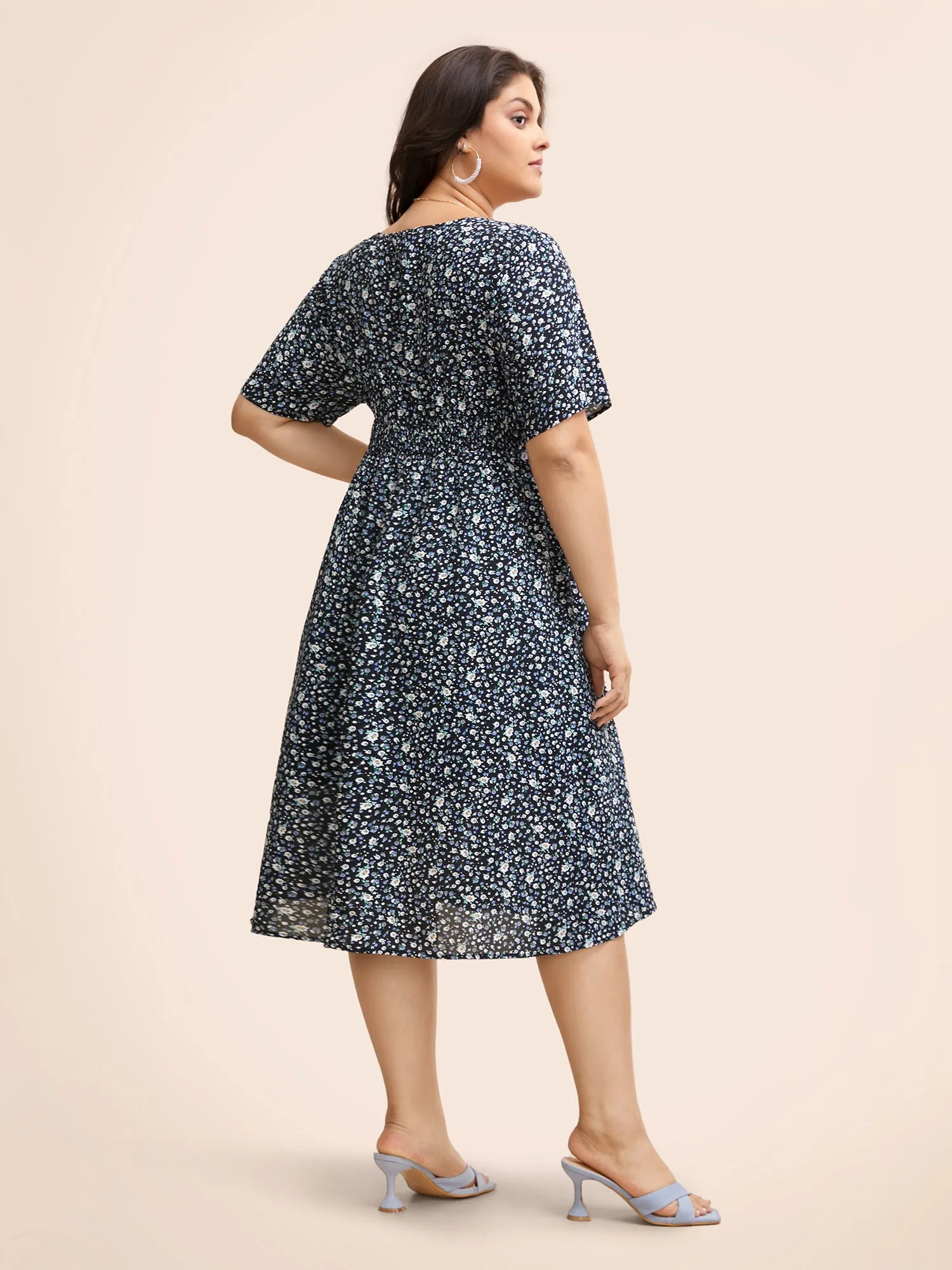 V Neck Ditsy Floral Shirred Midi Dress sold by Bloomchic product image thumbnail 3