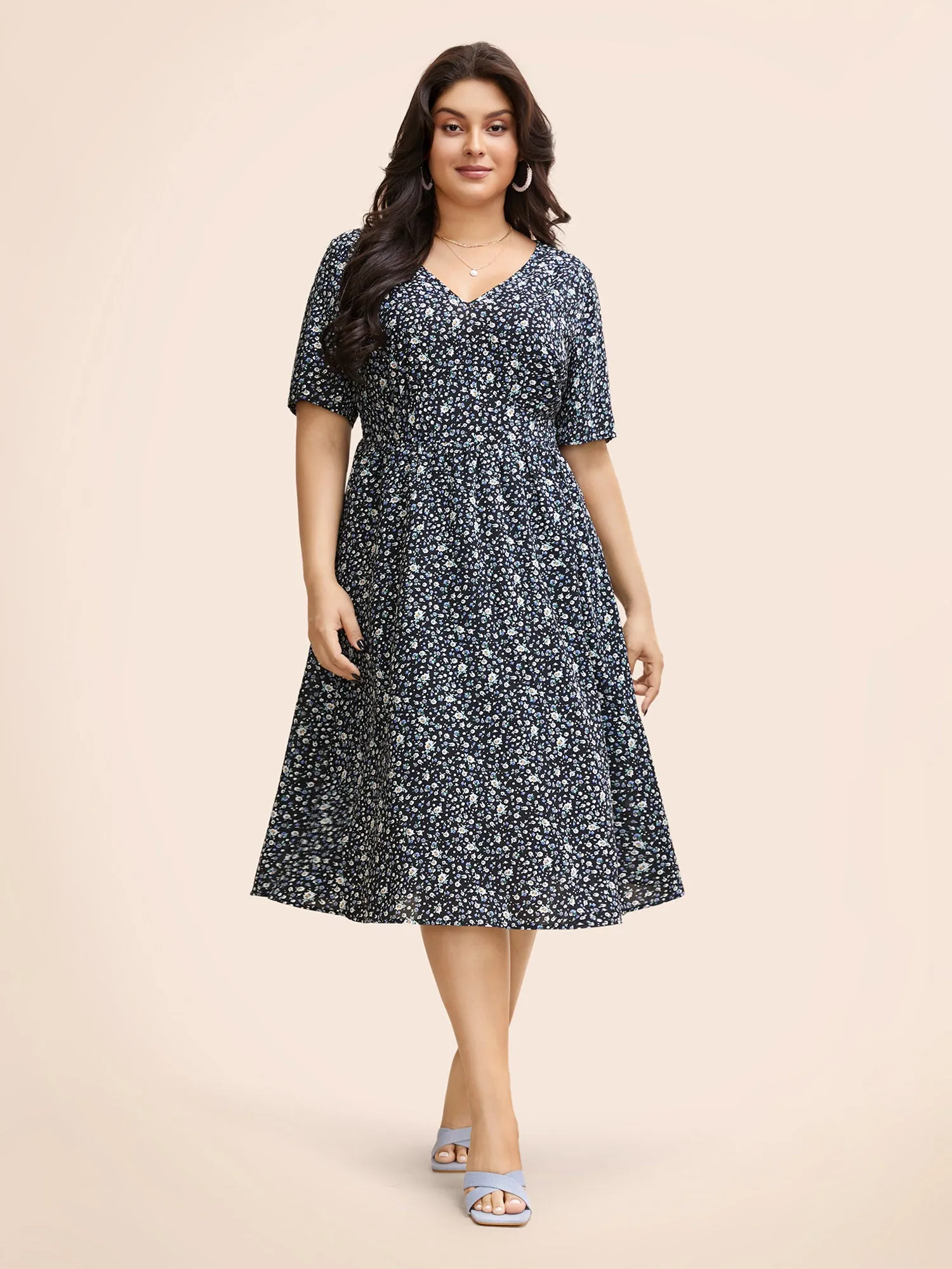 V Neck Ditsy Floral Shirred Midi Dress sold by Bloomchic