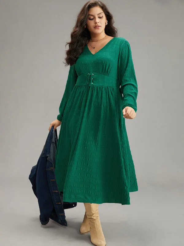 Plain Lace Up Gathered Pocket Dress sold by Bloomchic