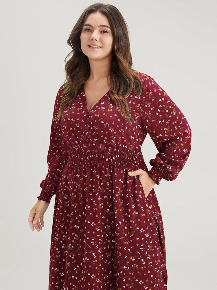 Ditsy Floral Pocket Lantern Sleeve Shirred Wrap Split Maxi Dress sold by Bloomchic product image thumbnail 5