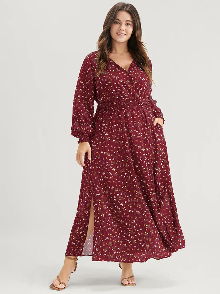 Ditsy Floral Pocket Lantern Sleeve Shirred Wrap Split Maxi Dress sold by Bloomchic product image thumbnail 2