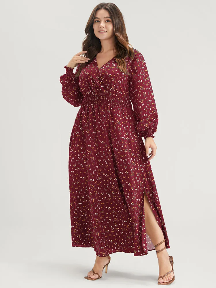 Ditsy Floral Pocket Lantern Sleeve Shirred Wrap Split Maxi Dress sold by Bloomchic product image thumbnail 3
