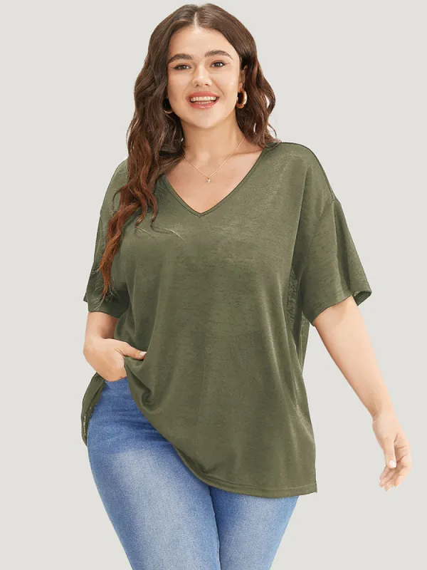 Plain Drop Shoulder Sheer V Neck T-shirt sold by Bloomchic
