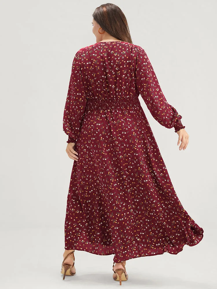 Ditsy Floral Pocket Lantern Sleeve Shirred Wrap Split Maxi Dress sold by Bloomchic product image thumbnail 4