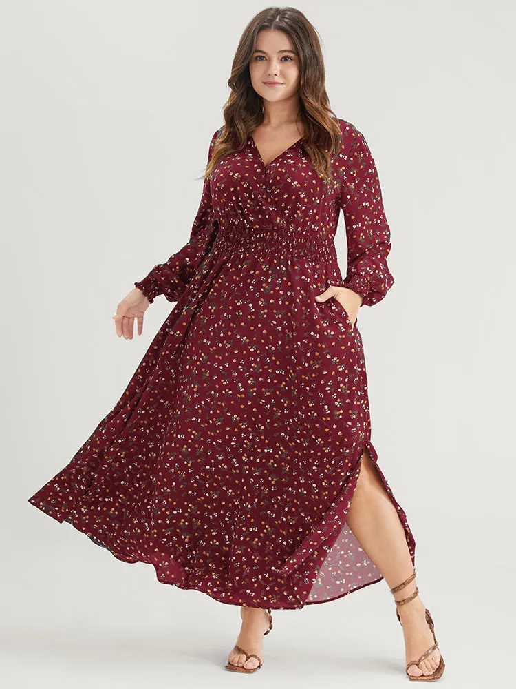 Ditsy Floral Pocket Lantern Sleeve Shirred Wrap Split Maxi Dress sold by Bloomchic