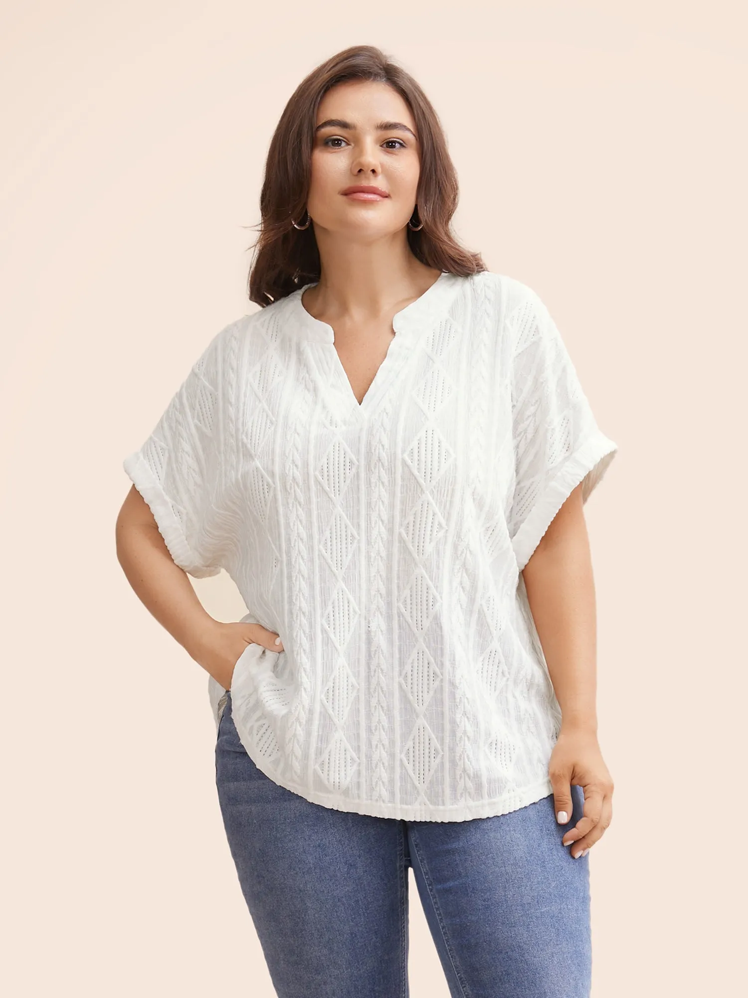 Plain Jacquard Notched Dolman Sleeve T-shirt sold by Bloomchic
