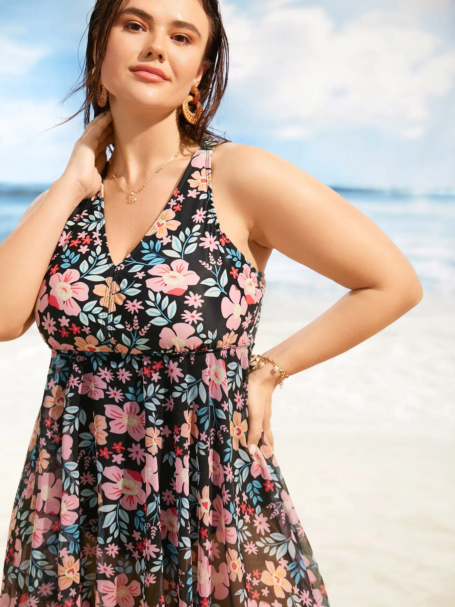 V Neck Natural Flowers Mesh Swim Dress sold by Bloomchic product image thumbnail 4