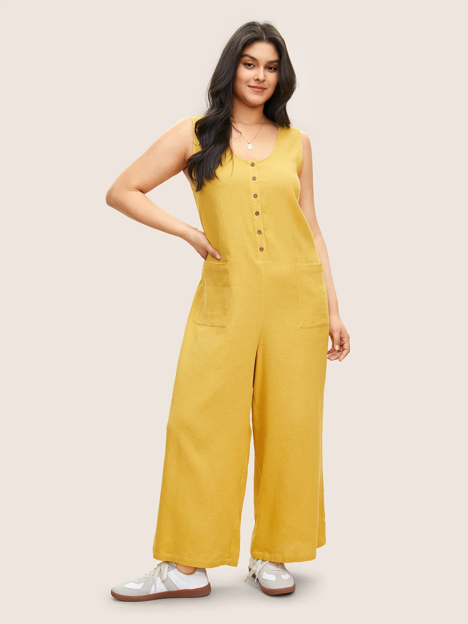 Solid Textured Scoop Neck Patched Pocket Jumpsuit sold by Bloomchic