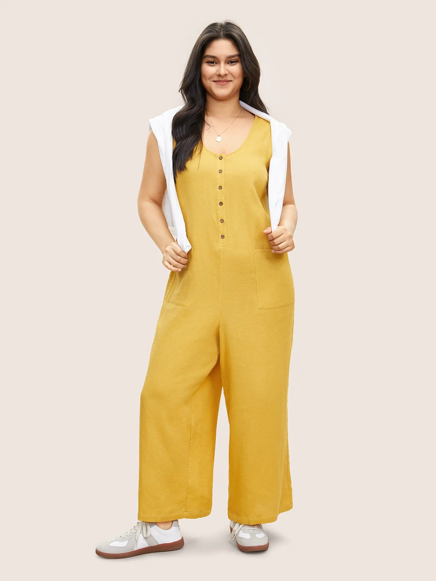 Solid Textured Scoop Neck Patched Pocket Jumpsuit sold by Bloomchic product image thumbnail 2