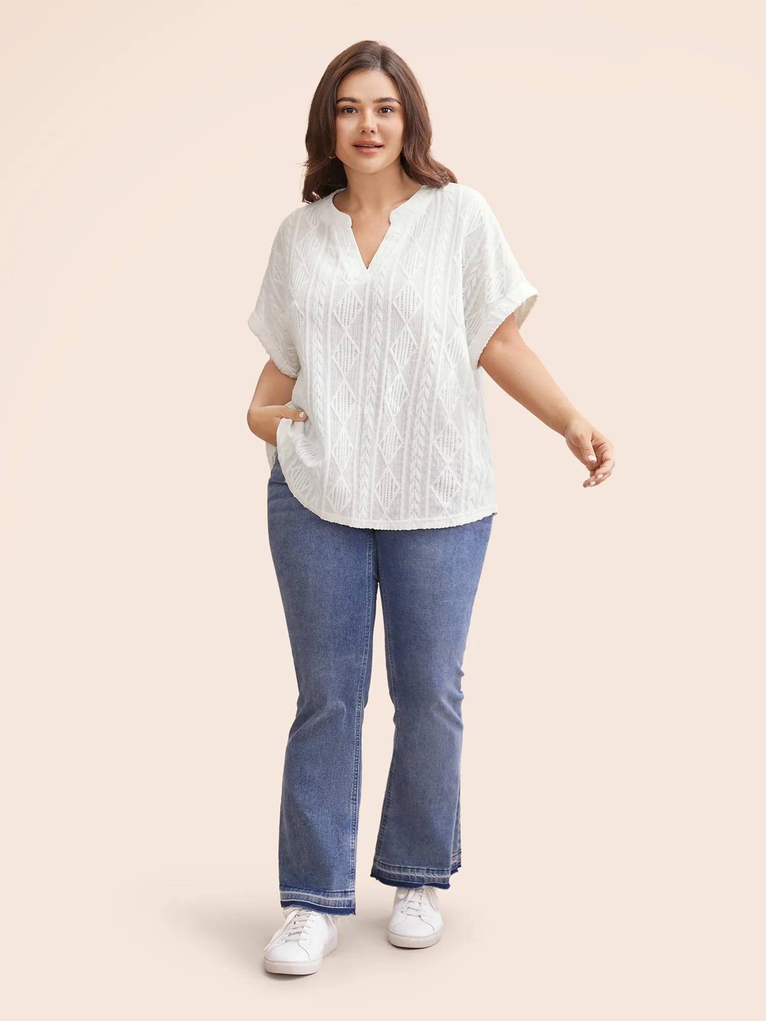 Plain Jacquard Notched Dolman Sleeve T-shirt sold by Bloomchic product image thumbnail 2