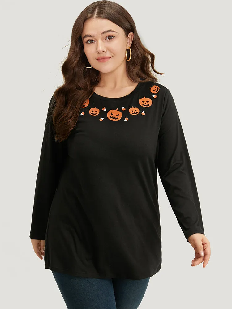 Halloween Pumpkin Print Crew Neck T-shirt sold by Bloomchic product image thumbnail 4