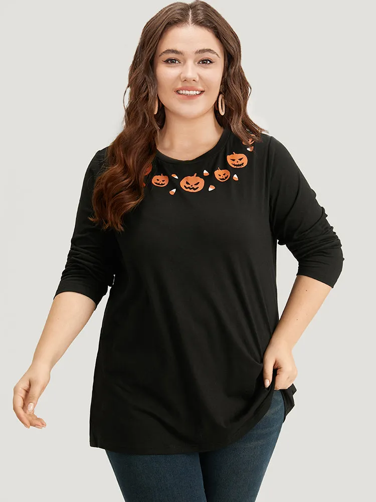 Halloween Pumpkin Print Crew Neck T-shirt sold by Bloomchic