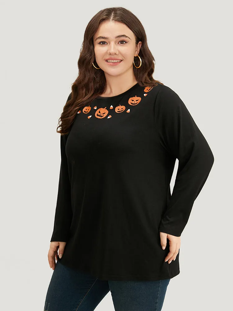 Halloween Pumpkin Print Crew Neck T-shirt sold by Bloomchic product image thumbnail 5