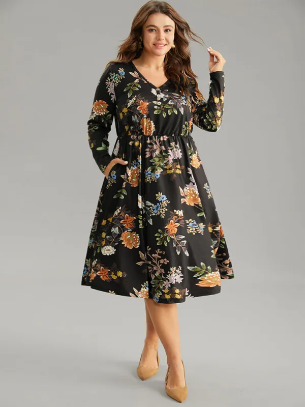 Floral Print Button Detail Long Sleeve Midi Dress sold by Bloomchic