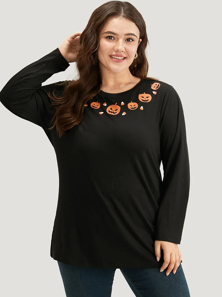 Halloween Pumpkin Print Crew Neck T-shirt sold by Bloomchic product image thumbnail 3