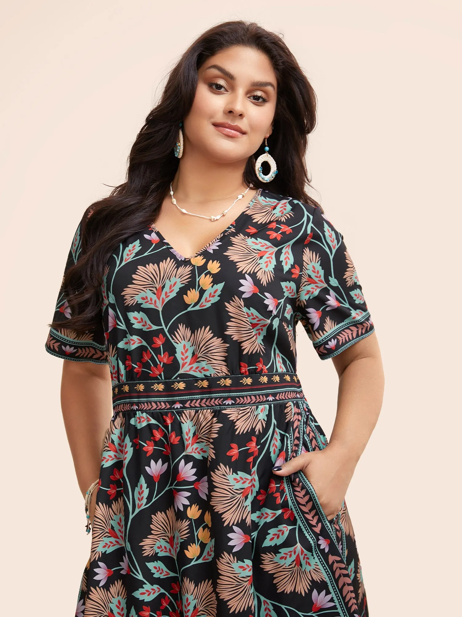 Boho Print Shirred Pocket Midi Dress sold by Bloomchic product image thumbnail 4