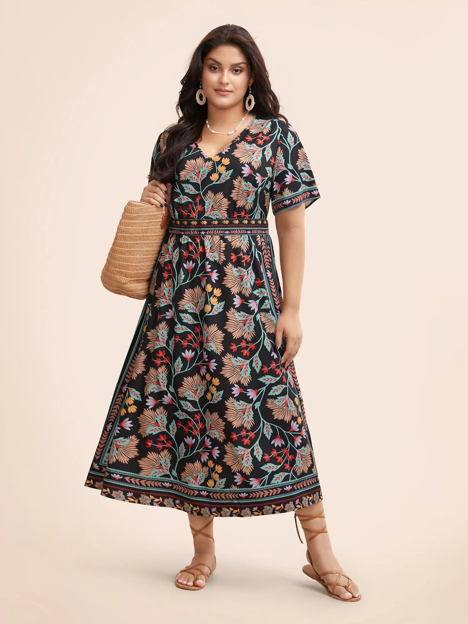 Boho Print Shirred Pocket Midi Dress sold by Bloomchic