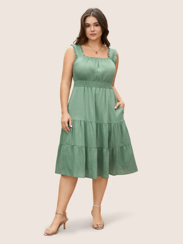 Solid Square Neck Frill Trim Shirred Dress sold by Bloomchic
