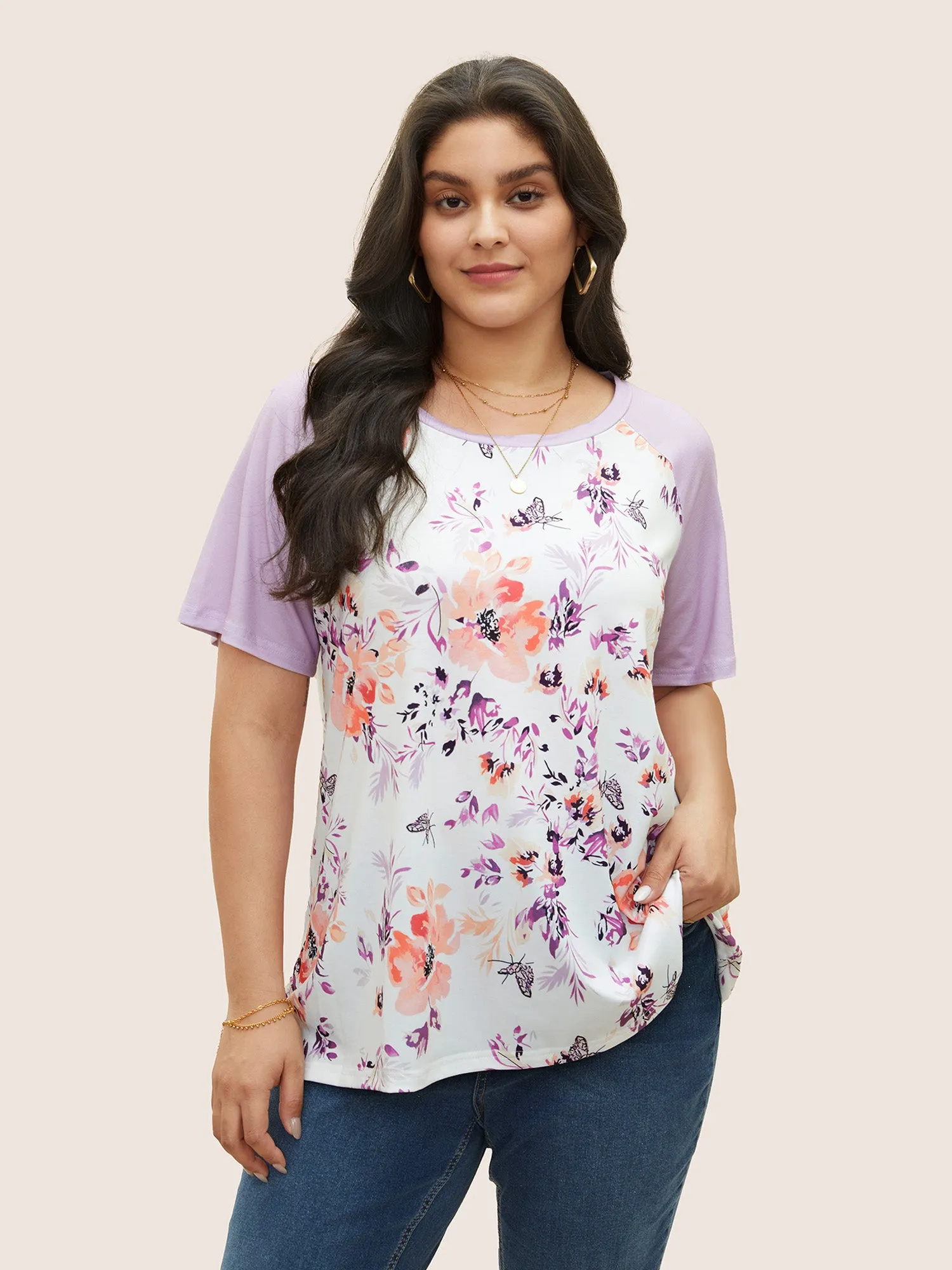 Floral & Butterfly Print Raglan Sleeve T-shirt sold by Bloomchic
