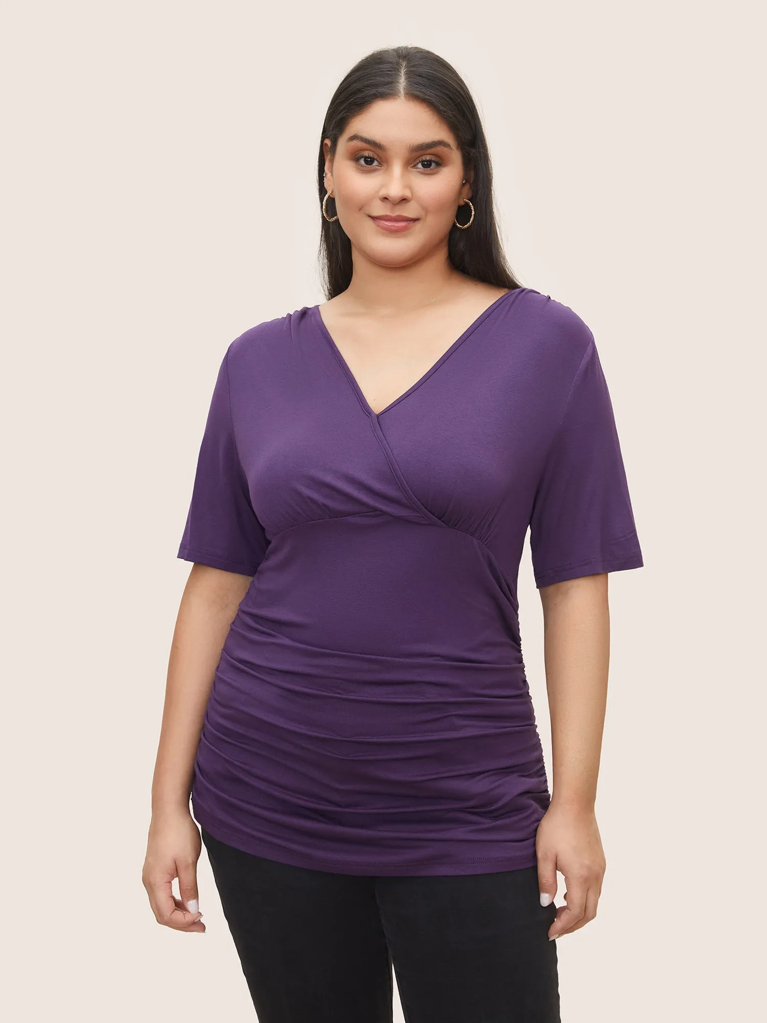 Plain Surplice Neck Ruched Knit Top sold by Bloomchic