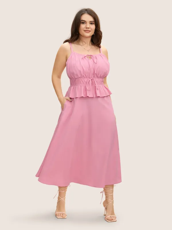 Plain Textured Tie Knot Ruffles Cami Dress sold by Bloomchic