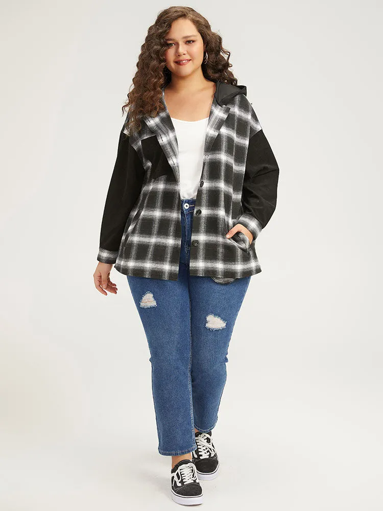 Plaid Hooded Patched Pocket Button Up Patchwork Coat sold by Bloomchic product image thumbnail 4