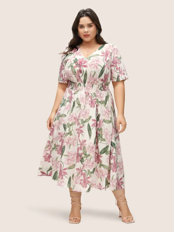 Floral Print Elastic Waist Shirred Dress sold by Bloomchic