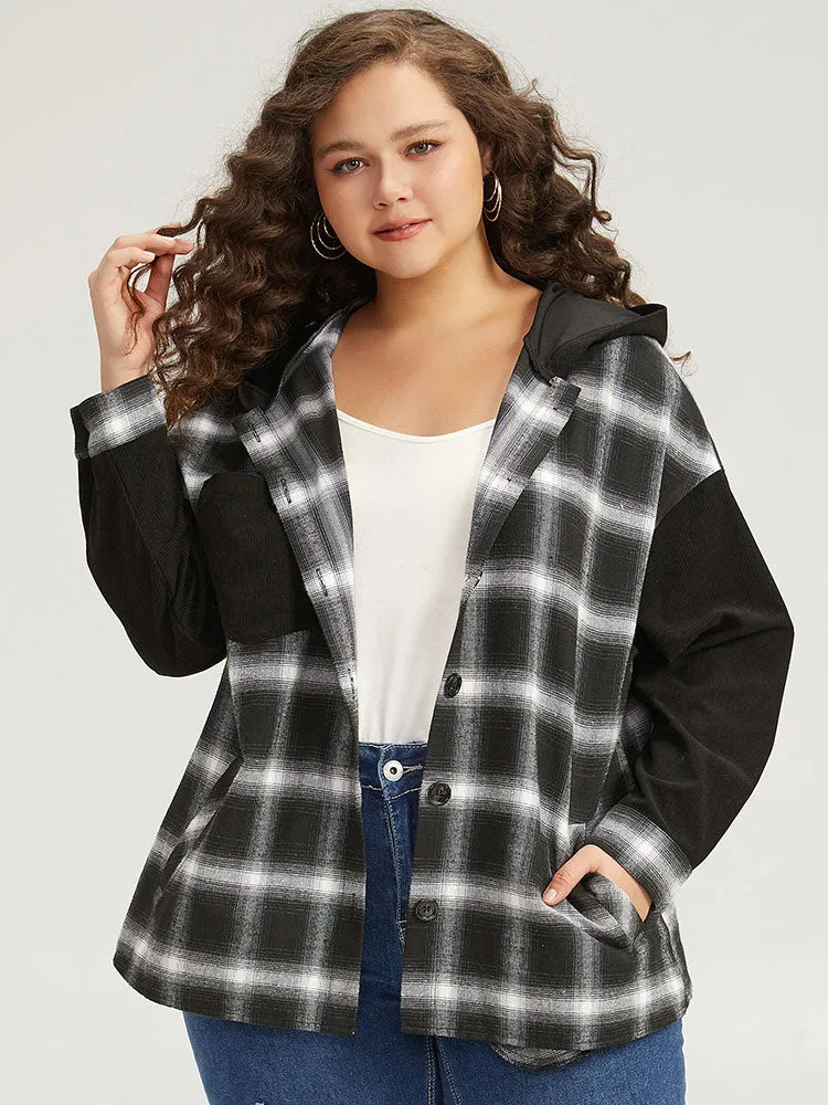 Plaid Hooded Patched Pocket Button Up Patchwork Coat sold by Bloomchic