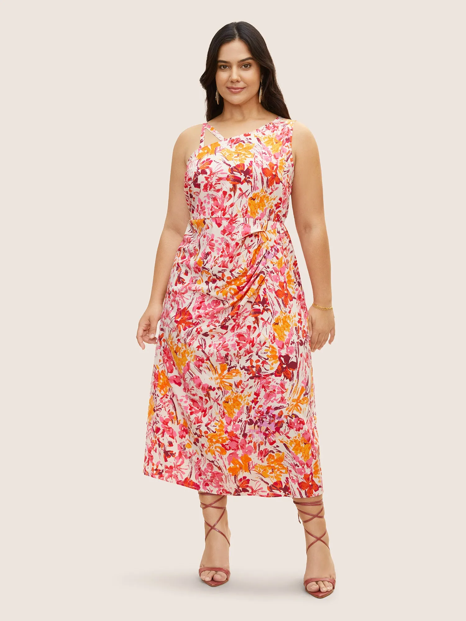 Asymmetrical Neck Watercolor Floral Pleated Dress sold by Bloomchic