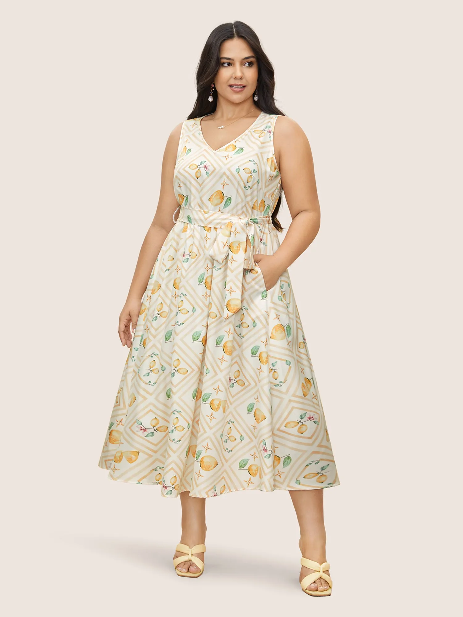 Citrus Lemon Print Gathered Belted Tank Dress sold by Bloomchic product image thumbnail 2