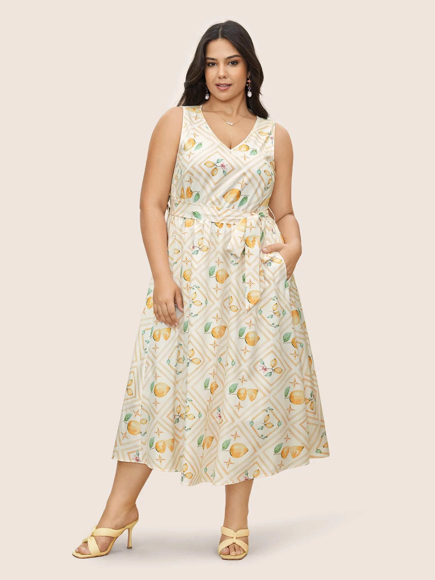 Citrus Lemon Print Gathered Belted Tank Dress sold by Bloomchic