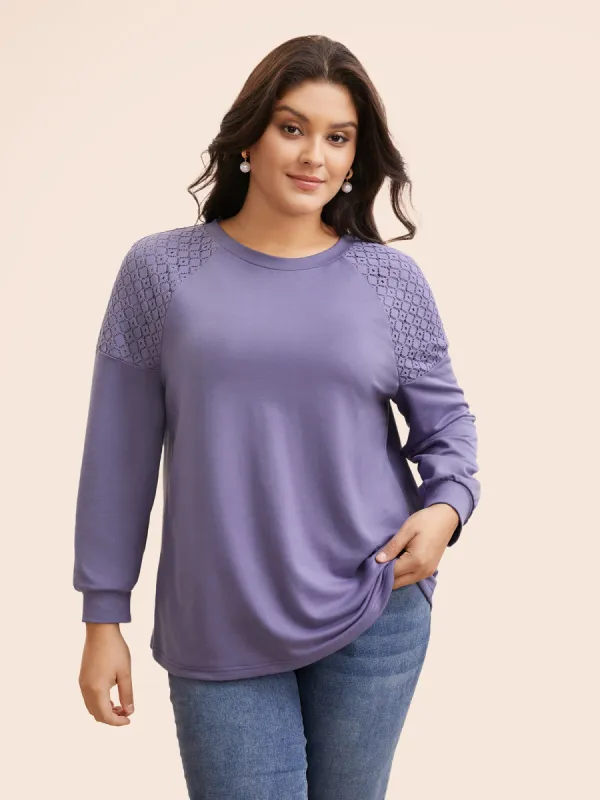 Round Neck Lace Patchwork Lantern Sleeve Sweatshirt sold by Bloomchic