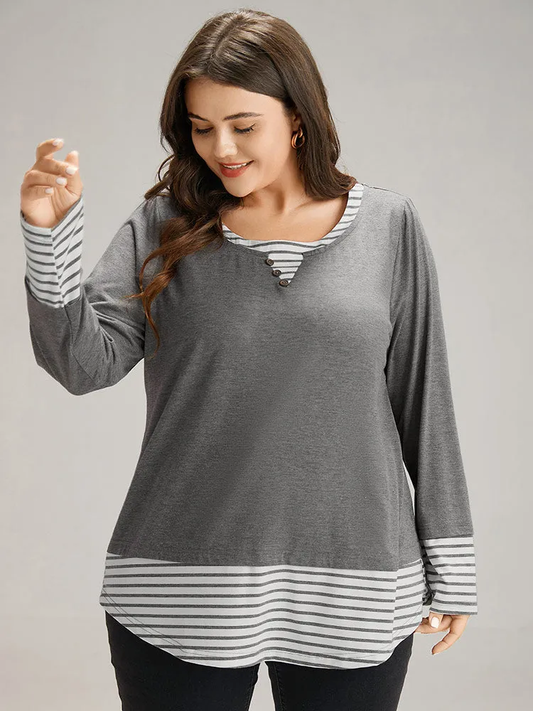 Striped Patchwork Button Detail T-shirt sold by Bloomchic product image thumbnail 3