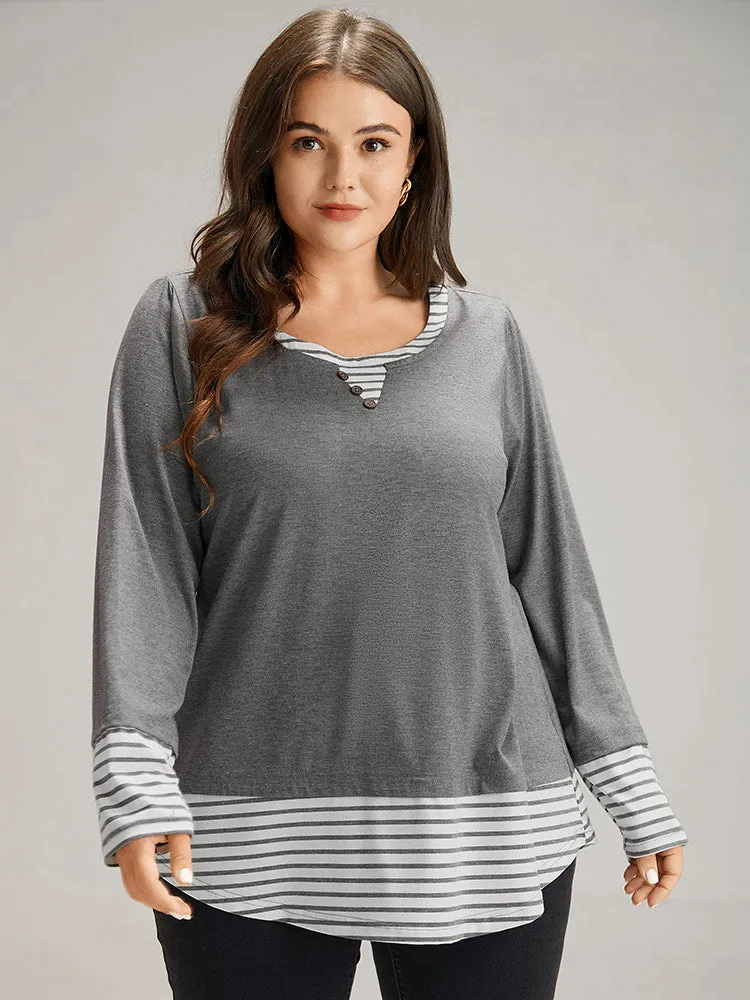 Striped Patchwork Button Detail T-shirt sold by Bloomchic