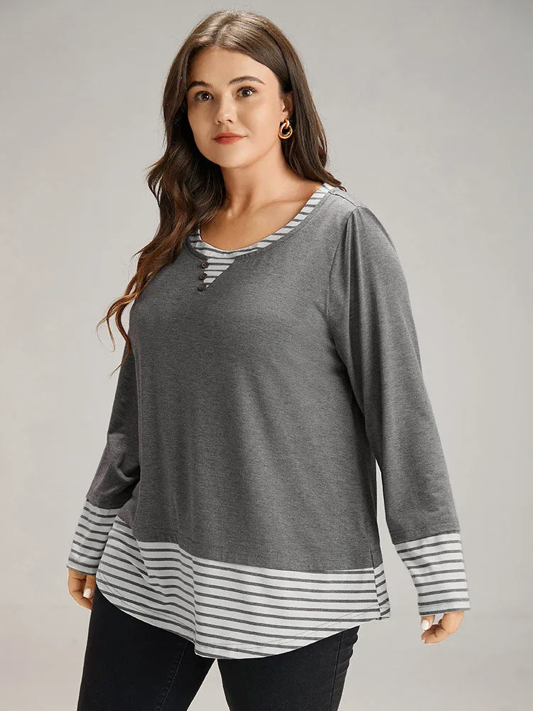 Striped Patchwork Button Detail T-shirt sold by Bloomchic product image thumbnail 2