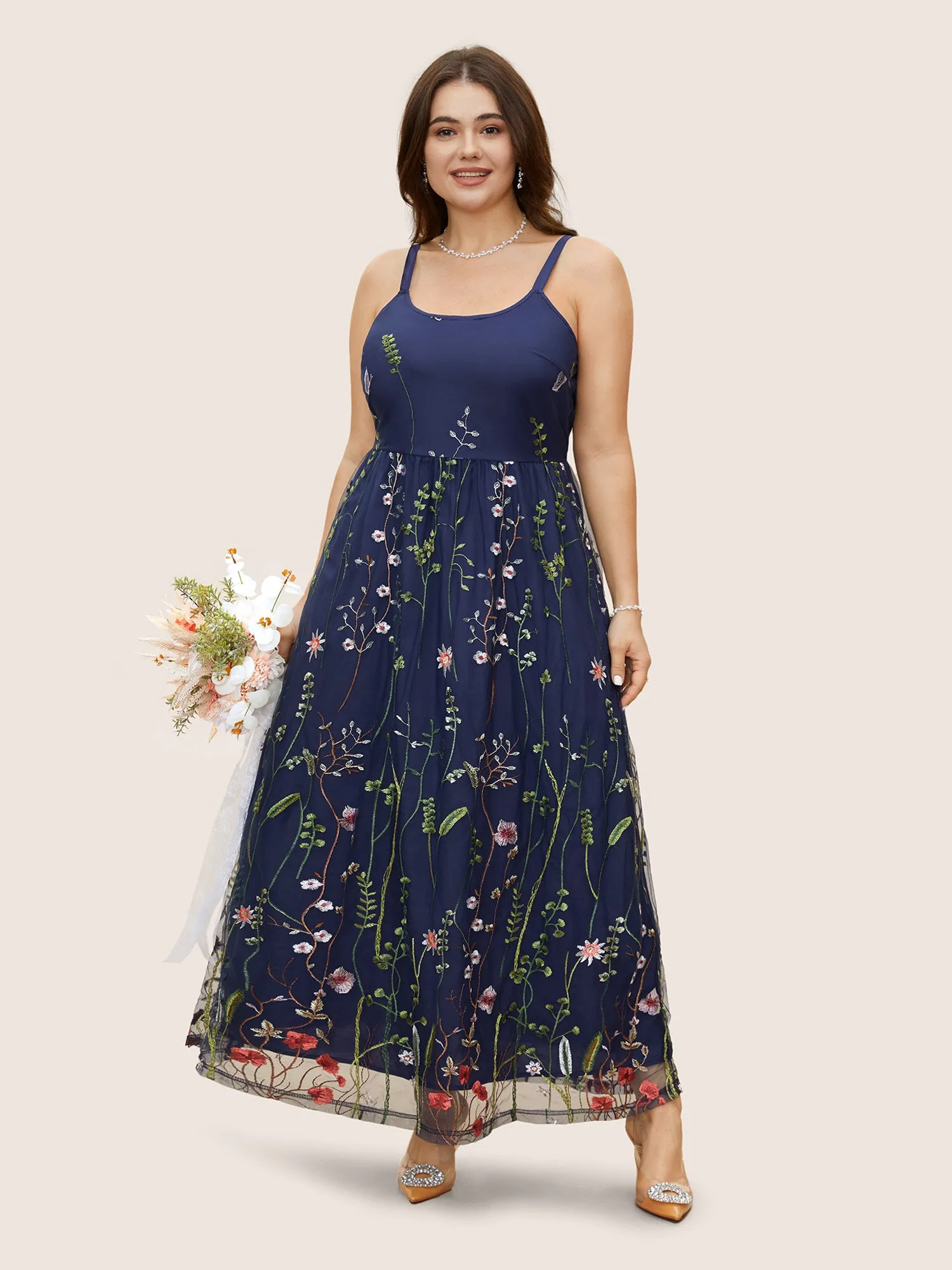 U Neck Floral Embroidered Mesh Cami Dress sold by Bloomchic product image thumbnail 2