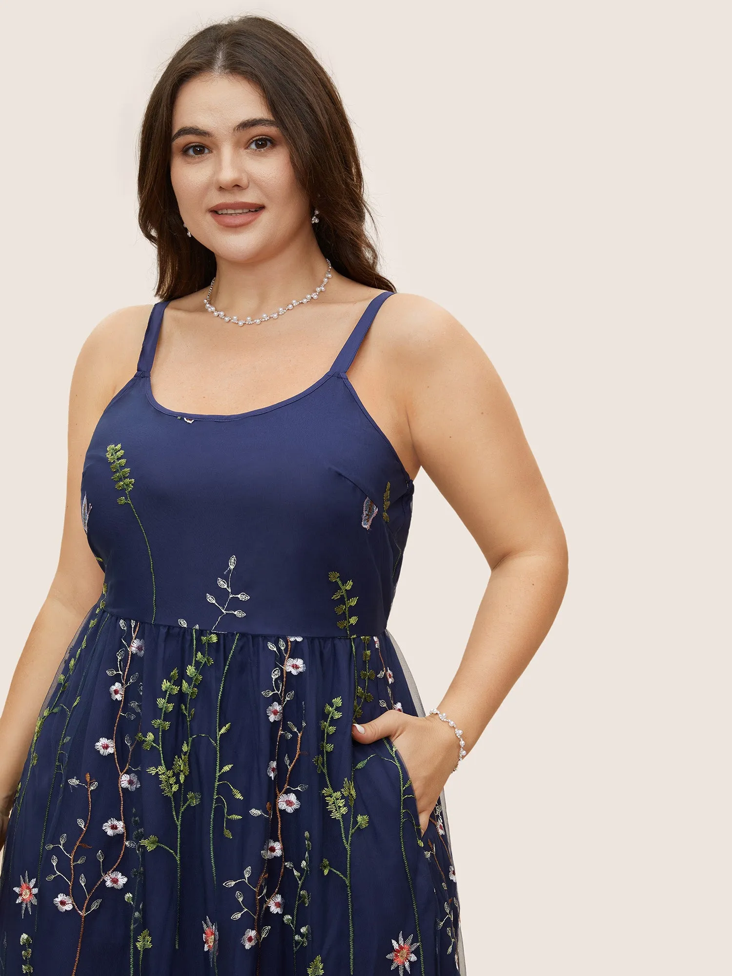 U Neck Floral Embroidered Mesh Cami Dress sold by Bloomchic product image thumbnail 4