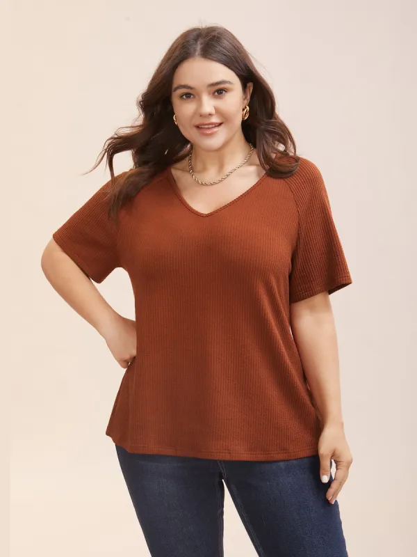 V Neck Plain Textured Raglan Sleeve T-shirt sold by Bloomchic