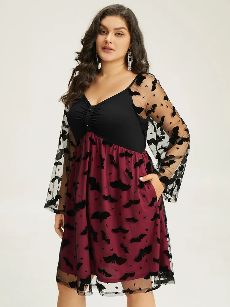 Halloween Bat Mesh Patchwork Ruched Square Neck Dress sold by Bloomchic product image thumbnail 2