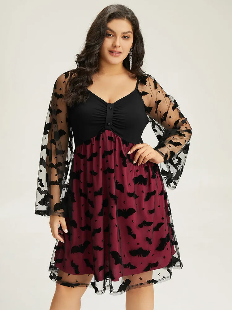 Halloween Bat Mesh Patchwork Ruched Square Neck Dress sold by Bloomchic