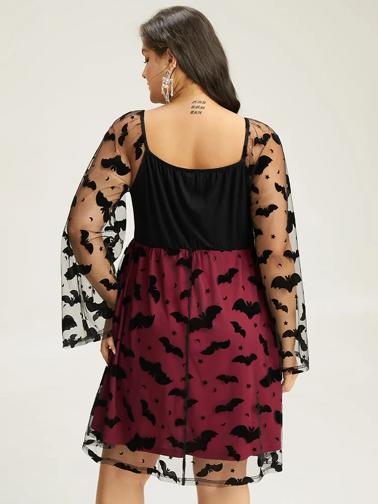 Halloween Bat Mesh Patchwork Ruched Square Neck Dress sold by Bloomchic product image thumbnail 4