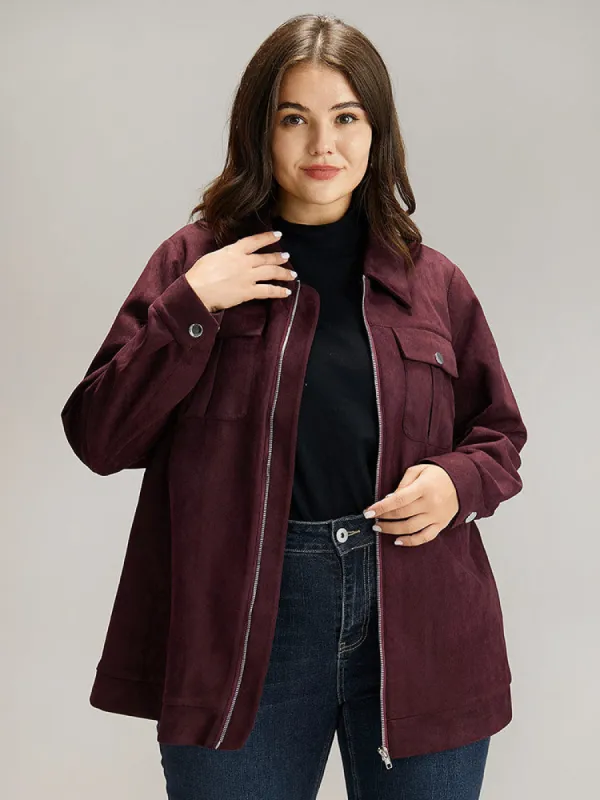 Solid Lapel Collar Button Detail Zipper Fly Coat sold by Bloomchic