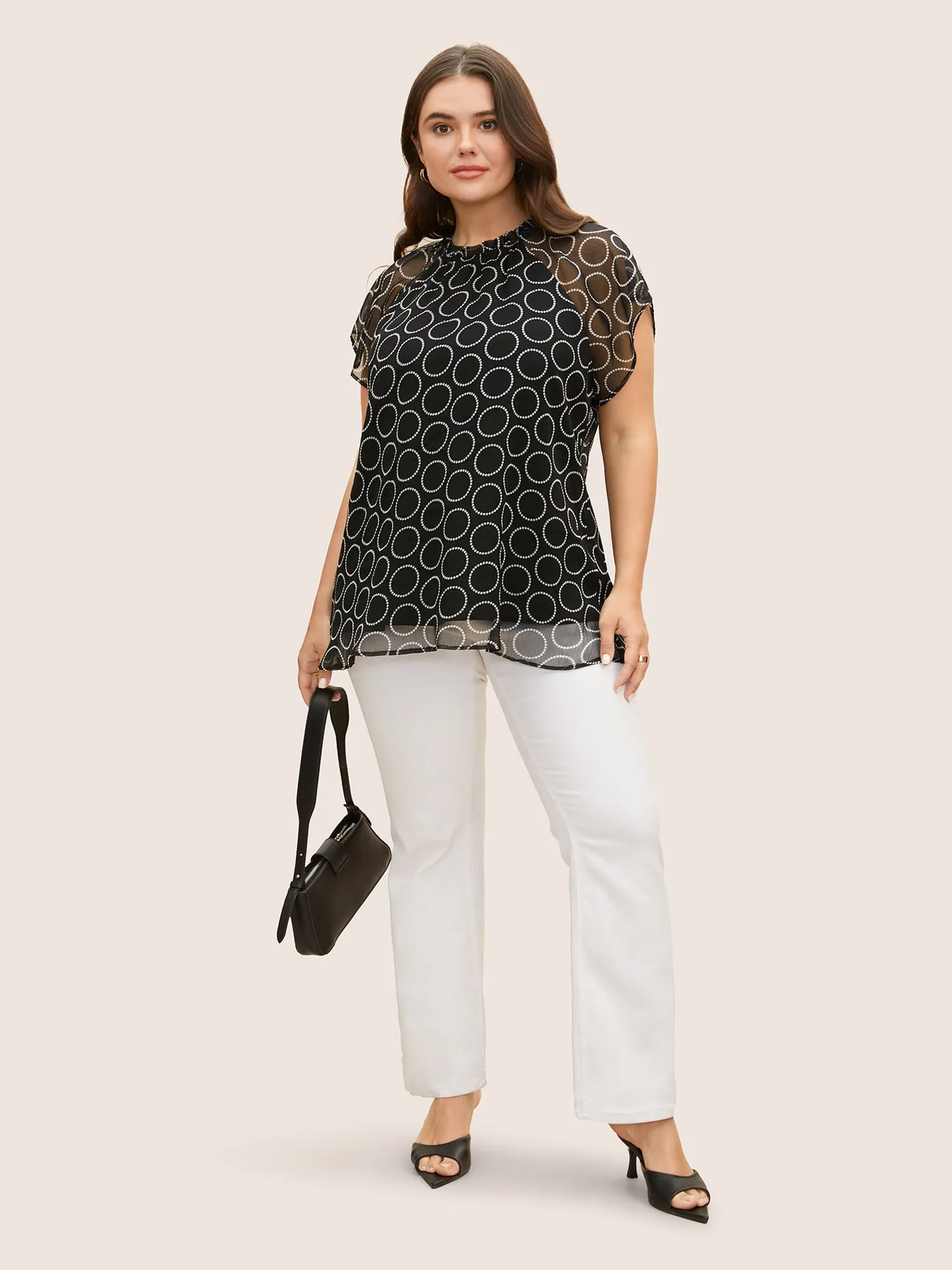 Polka Dot Mock Neck Mesh Patchwork Blouse sold by Bloomchic product image thumbnail 3