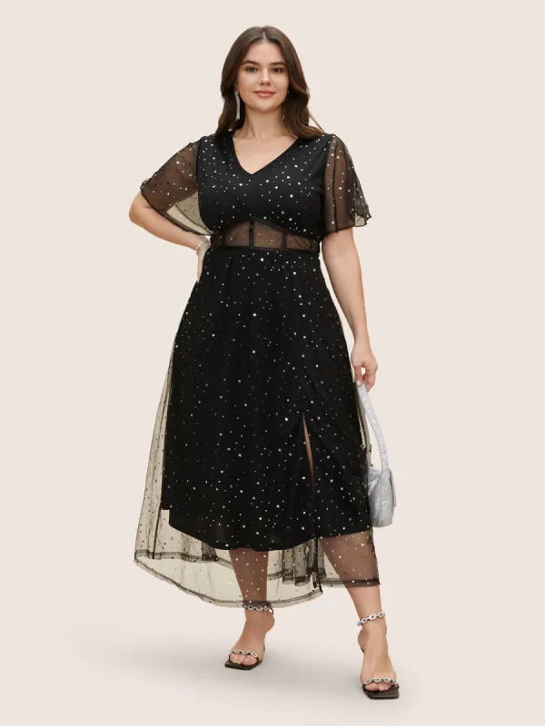 Glitter Star Mesh Patchwork Split Hem Dress sold by Bloomchic
