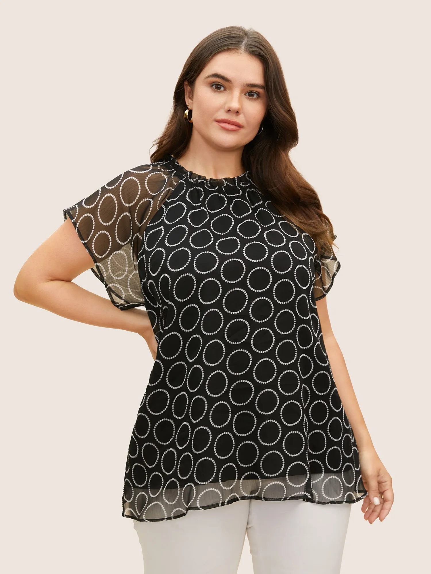 Polka Dot Mock Neck Mesh Patchwork Blouse sold by Bloomchic product image thumbnail 2
